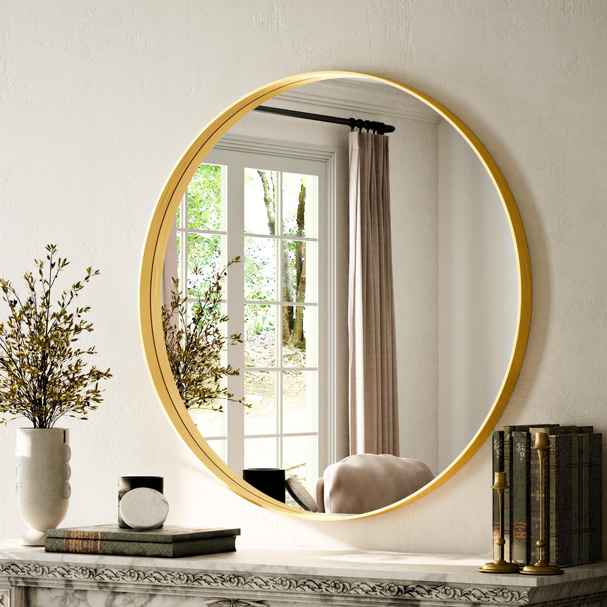 VooBang Round Bathroom Mirror 30 inch, Gold Gorgeous Deep Frame Round Wall Mirror, Modern Round Bathroom Vanity Mirror for Bedroom, Living Room, Hanging or Leaning, Gold