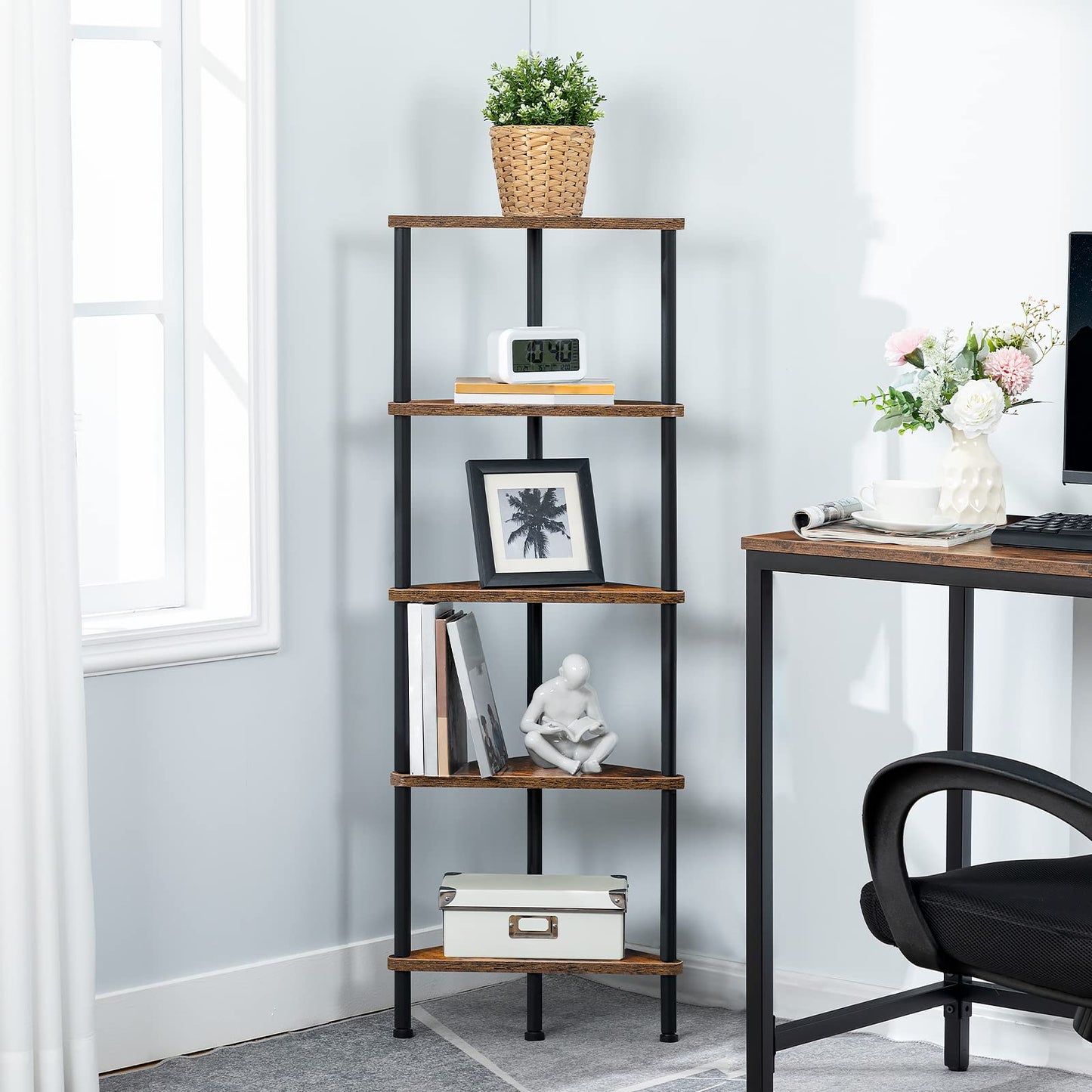 HOOBRO Corner Shelf Stand, Industrial 5-Tier Corner Bookshelf with Metal Frame, Plant Corner Display Shelf, Corner Bookcase for Small Spaces, Bedroom, Living Room, Rustic Brown BF33CJ01