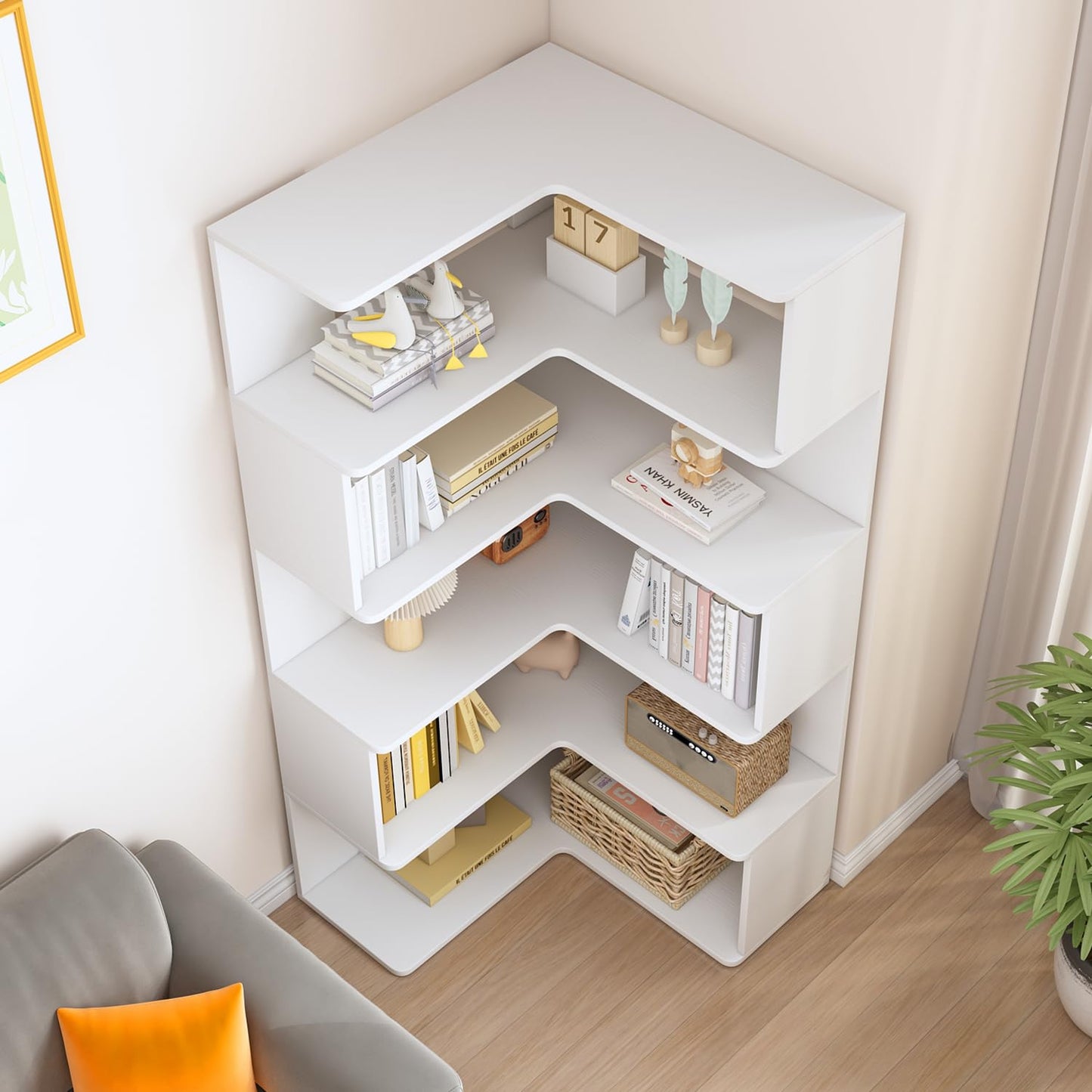 IOTXY 6-Tier L-Shaped Corner Bookshelf - 66" Tall Wooden Freestanding Bookcase with Open Shelf Units, White