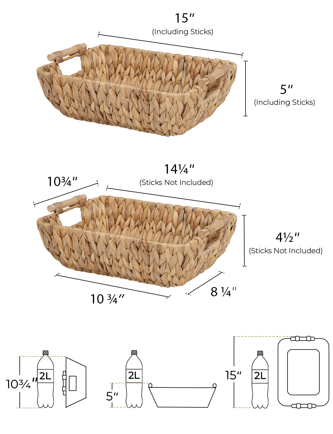 StorageWorks Hand-Woven Large Storage Baskets with Wooden Handles, Water Hyacinth Wicker Baskets for Organizing, 2-Pack