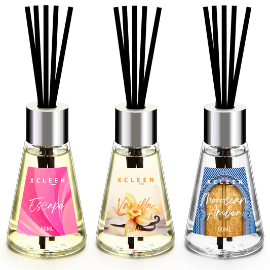 Xcleen 3 Pack Reed Diffuser, Scented Oil Diffuser with 15 Sticks, Escape/Vanilla/Moroccan Amber, Air Freshener for Bathroom & Office, Holiday Home Fragrance, Gift idea, Each 1.7Fl Oz, Total 5.1Oz