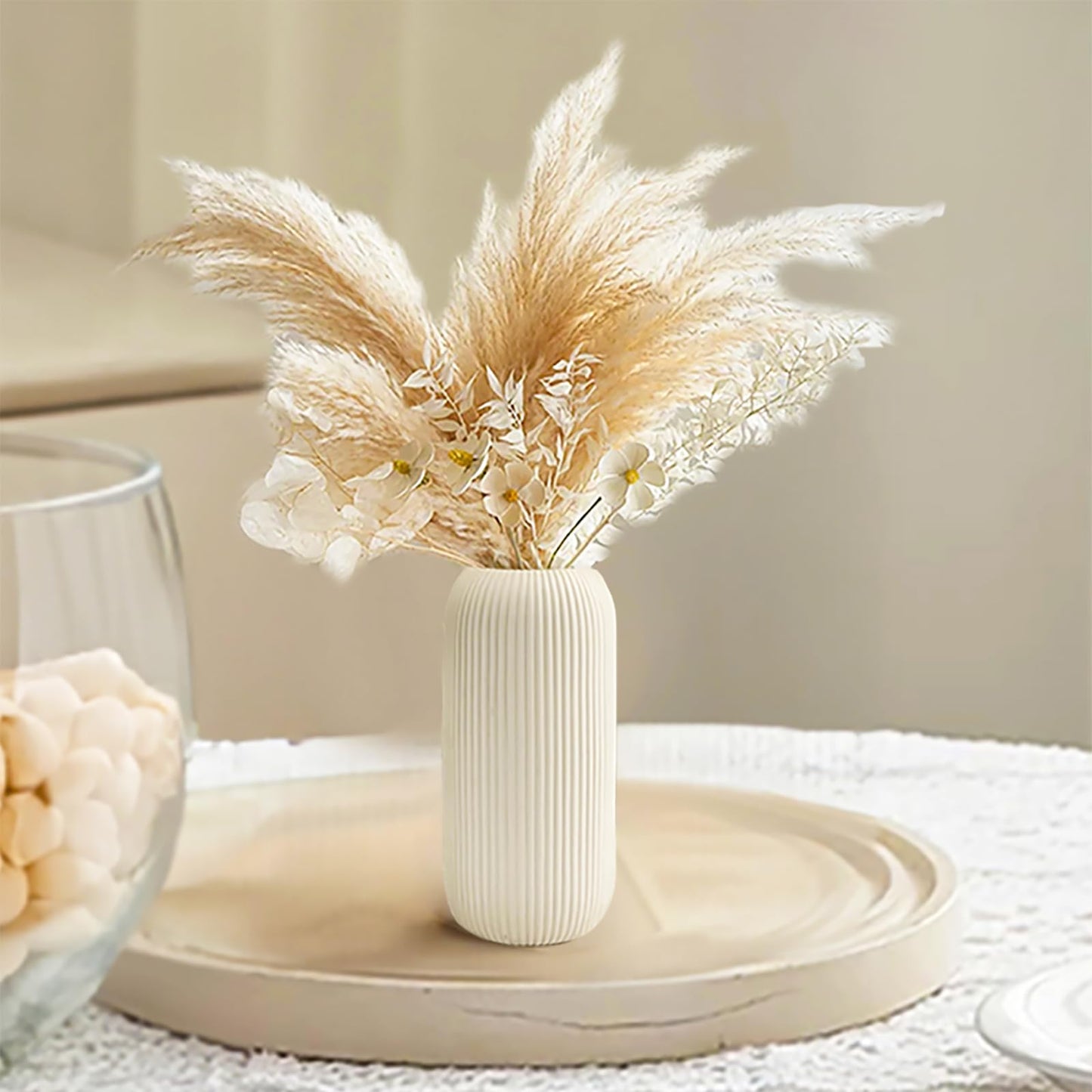 White Ceramic Vase for Flowers, 8 INCH Flower Vase Modern White Vase Home Decor, Small Vase, Ribbed Textured Vase for Pampas Grass Decorative Vase, for Farmhouse Coffee Table Bookshelf Home Living