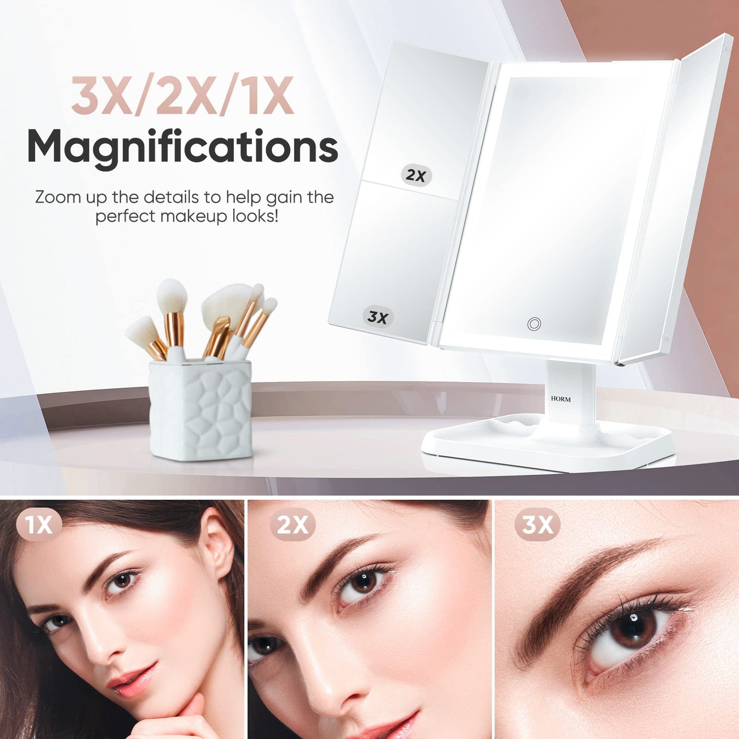 Makeup Mirror Vanity with Lights - 3 Color Lighting Modes 72 LED Trifold Mirror, 1x/2x/3x Magnification, Touch Control Design, Portable High Definition Cosmetic Lighted Up White (JING-007)