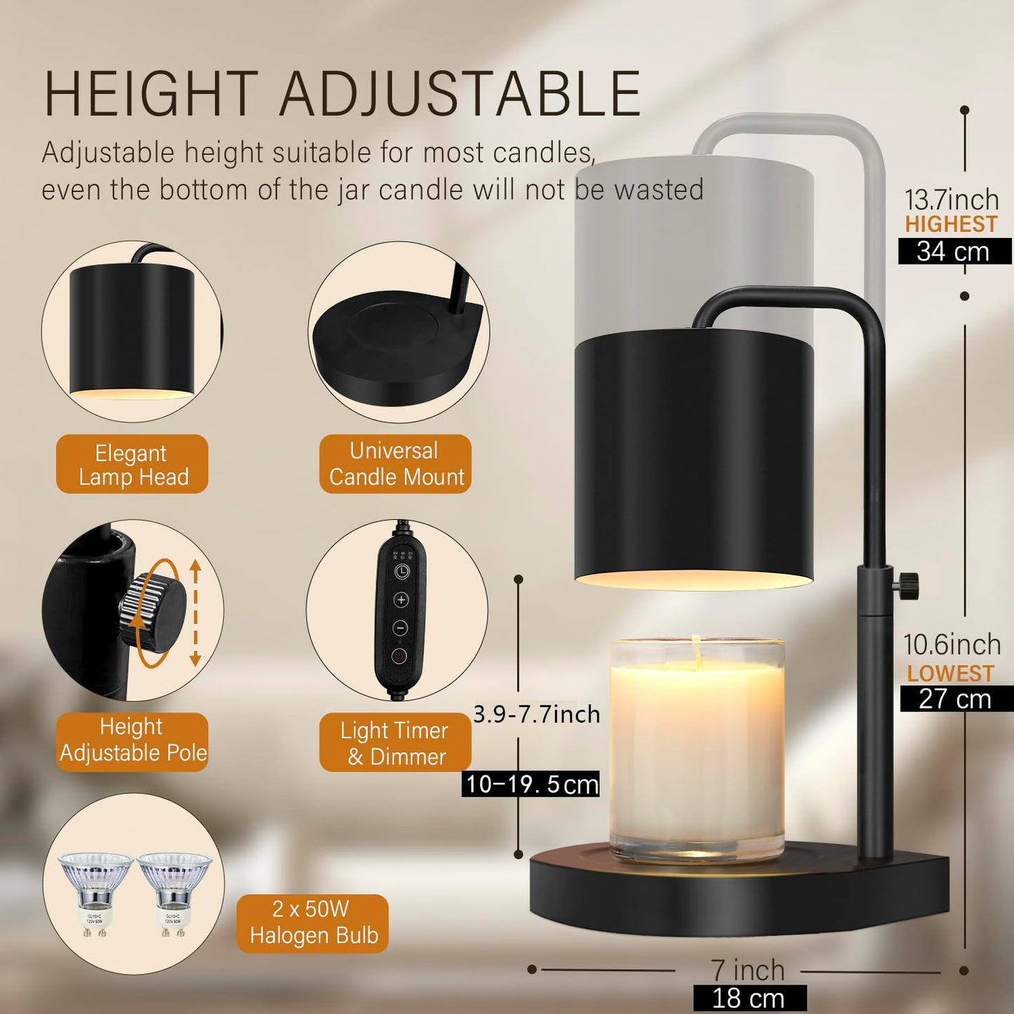 zukakii Candle Warmer Lamp Adjustable Height Dimmable Candle Lamp Warmer with Timer Compatible with Large Jar Candles No Flame Scented Candle Wax Warmer with 2 Bulbs Mothers Day Gift -Black