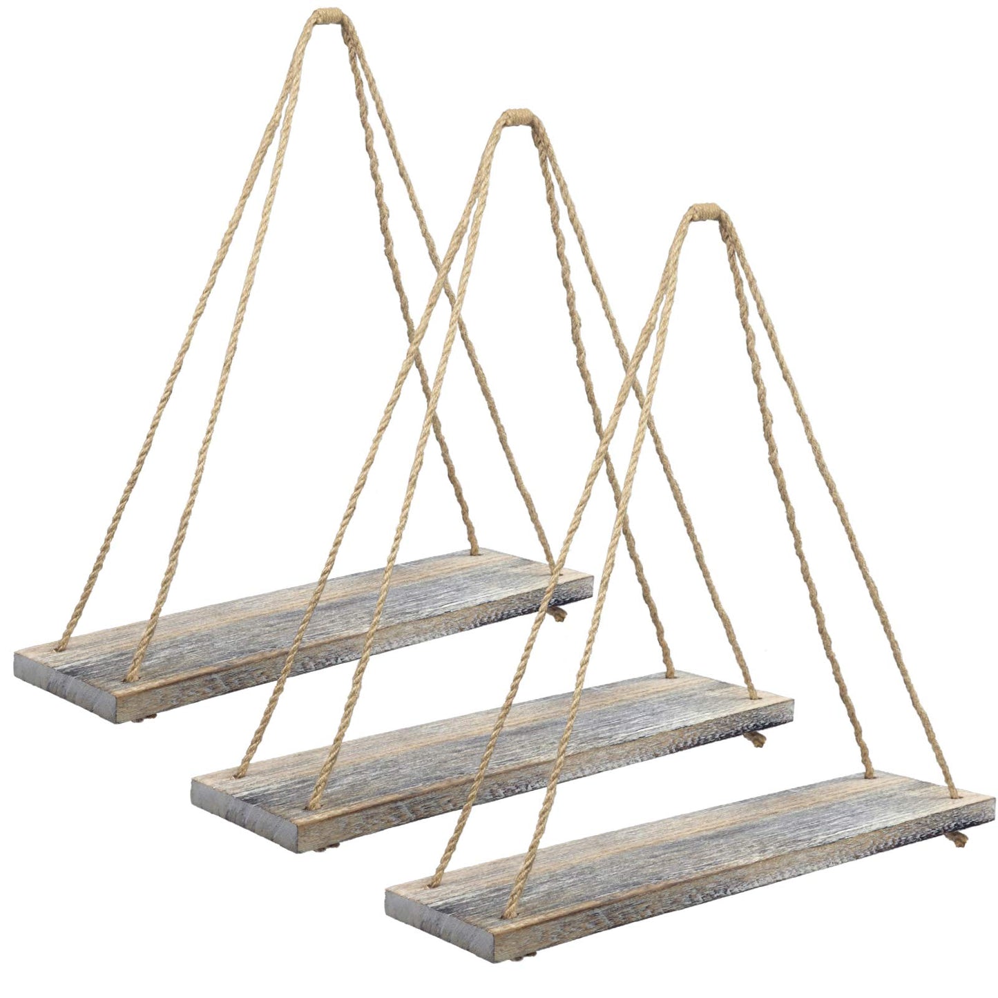 Excello Global Products Rustic Distressed Wood Hanging Shelves: 17-Inch with Swing Rope Floating Shelves (Whitewashed - Pack of 3)