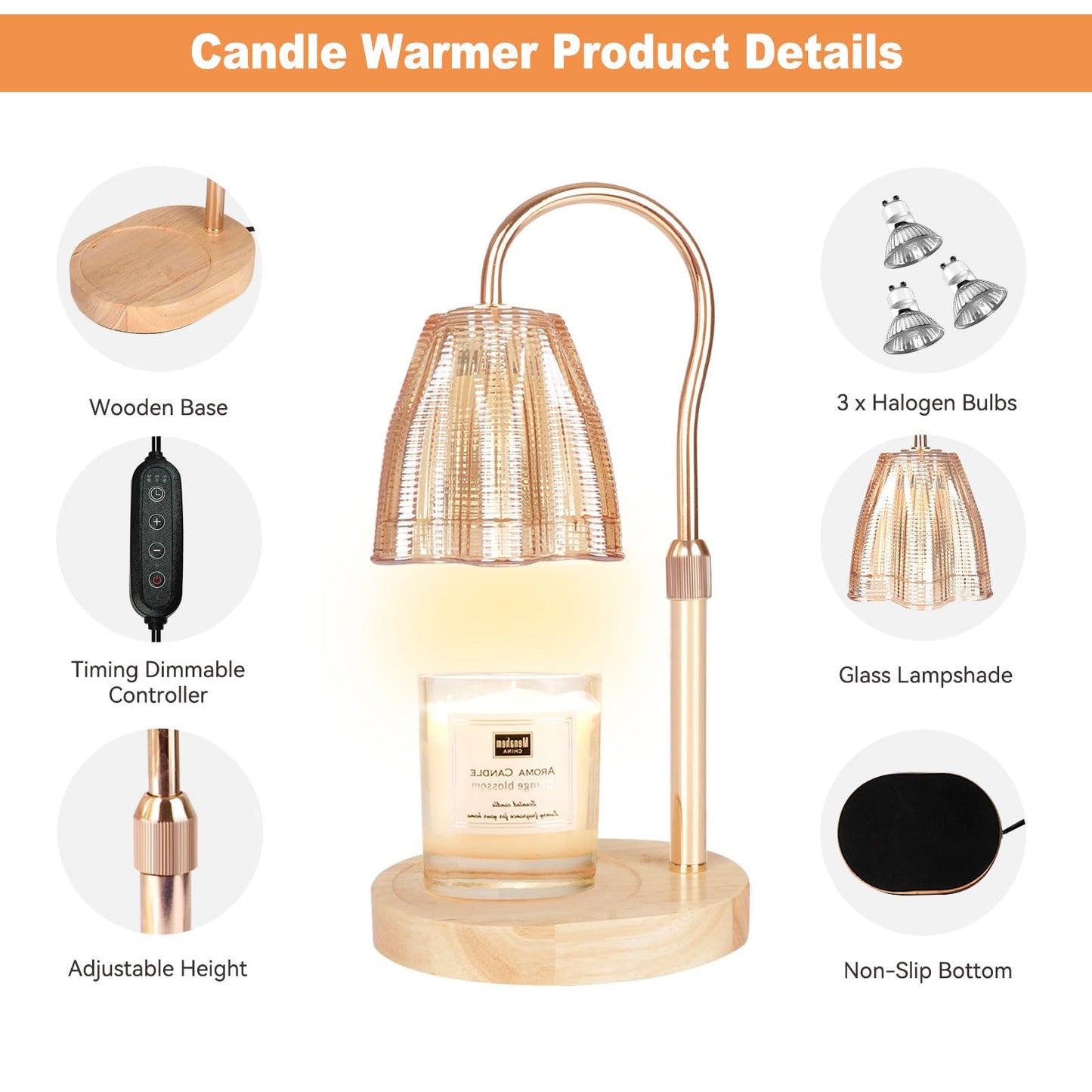 Honvinor Candle Warmer Lamp with Timer & Dimmer, Candle Warmer Height Adjustable, Fits All Jar Scented Candles, Candle Lamp with 3 Bulbs, Charming Gift Box with Ribbon for Gifting