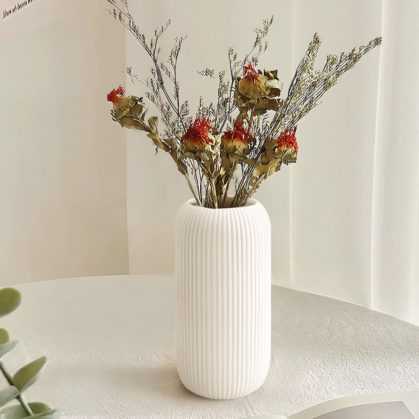 White Ceramic Vase for Flowers, 8 INCH Flower Vase Modern White Vase Home Decor, Small Vase, Ribbed Textured Vase for Pampas Grass Decorative Vase, for Farmhouse Coffee Table Bookshelf Home Living