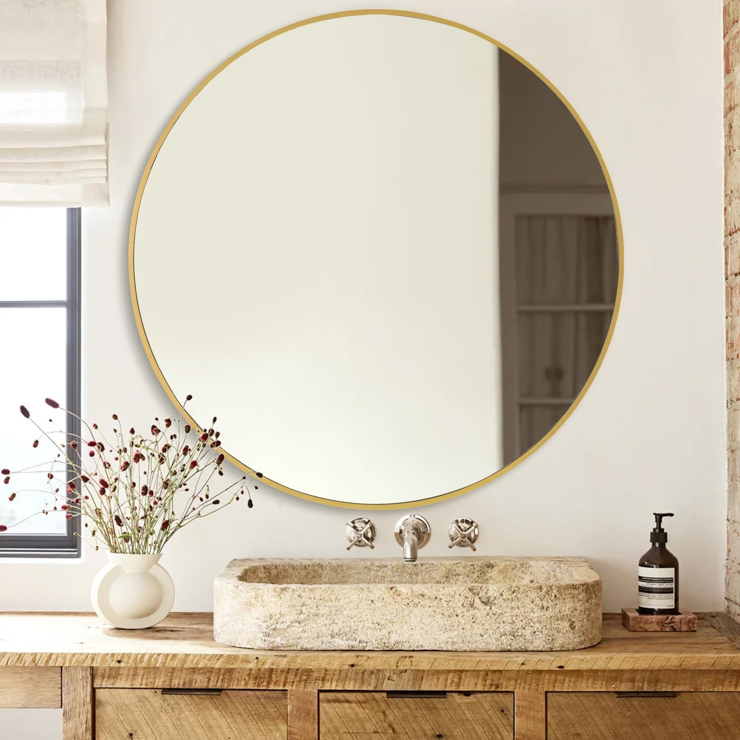 CULER Round Gold Bathroom 36 Inch Mirror,Circle Wall Modern Mirror for Bedroom,Hanging Vanity Tempered Glass Mirror for Entryway or Living Room