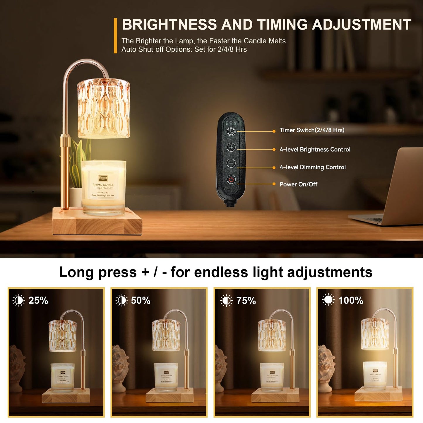 TOACSUCP Candle Warmer Lamp with 3 Bulbs, Adjustable Height Dimmable Candle Warmer with Timer, Compatible with Large Jar Candles, Candle Lamp with Charming Gift Box Ribbon for Her/Him(Natural Wood)