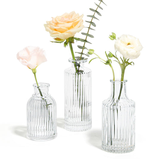 ComSaf Glass Bud Vases Set of 3, Small Flower Vases in Bulk, Mini Ribbed Vases for Centerpieces, Clear Vintage Vases for Table Decorations, Wedding, Party, Receptions, Home Decor (Different Sizes)