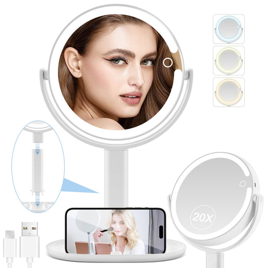 Lighted Makeup Mirror, 20X Magnifying Mirror with Light and Adjustable Brightness, Vanity Mirror with 3 Color Light, 2-Sided Mirror for Desk, Detachable Travel Makeup Mirror with Light 8.8 Inches