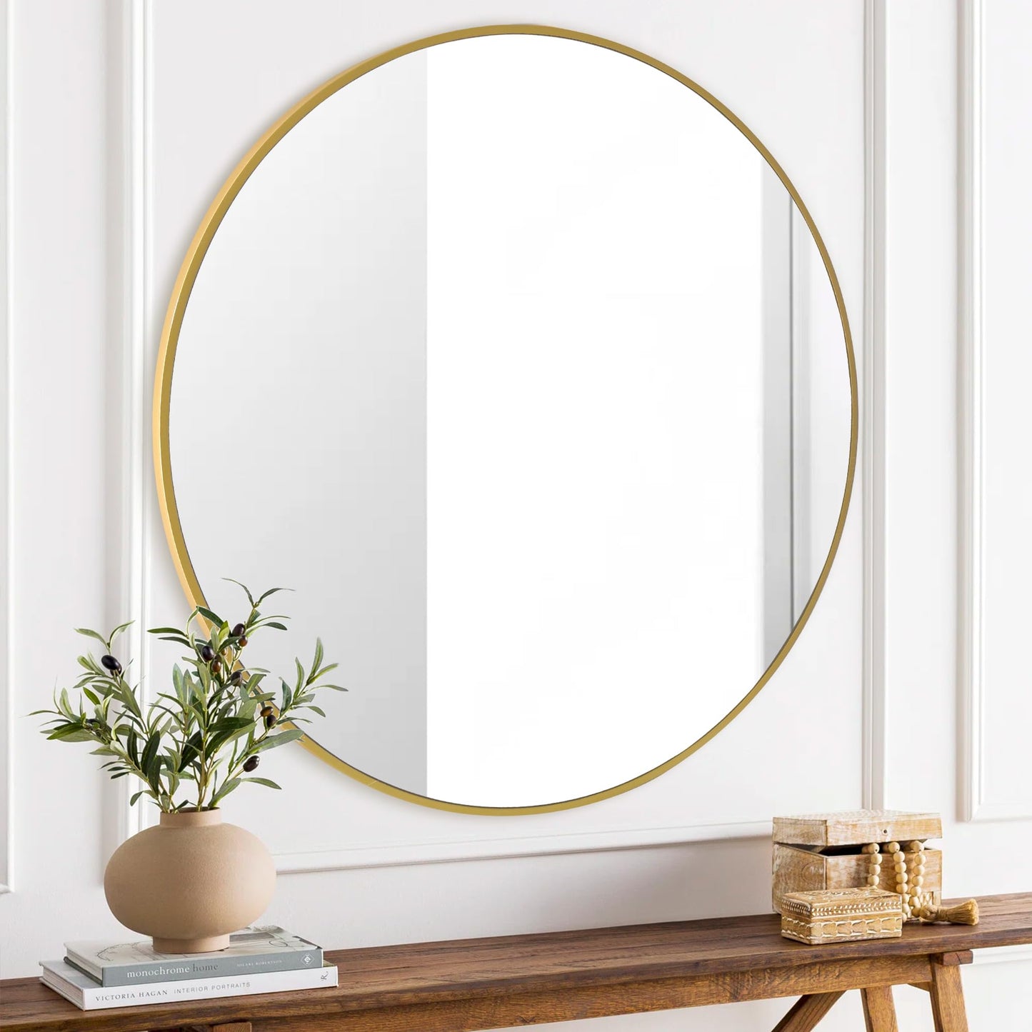 CULER Round Gold Bathroom 36 Inch Mirror,Circle Wall Modern Mirror for Bedroom,Hanging Vanity Tempered Glass Mirror for Entryway or Living Room