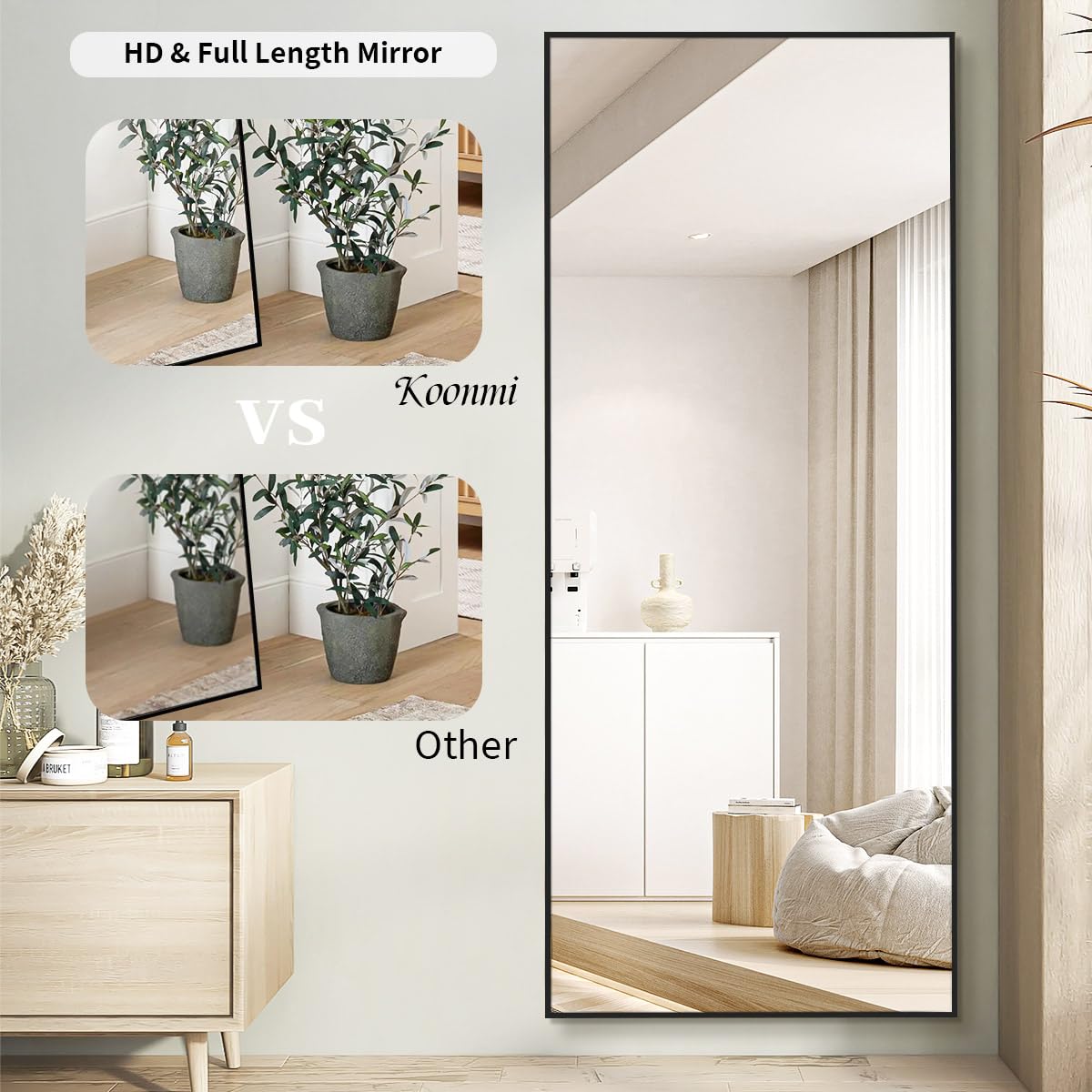 Koonmi 71"x31" Floor Mirror Full Length, Bedroom Floor Body Mirror with Stand, Large Black Mirror, Leaning, Standing or Hanging Horizontally/Vertically