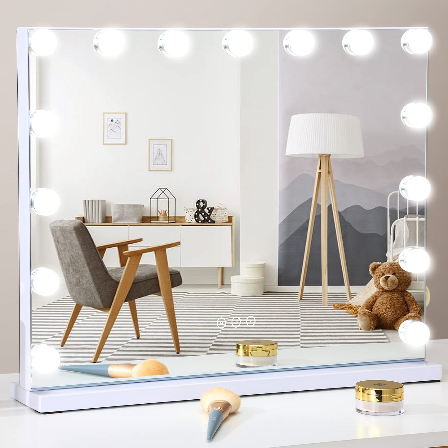 NUSVAN Vanity Mirror with Lights Lighted Makeup Mirror with 15 Dimmable LED Bulbs,3 Color Lighting Modes,USB Charging Port Touch Control,Sturdy Metal Frame Design 24x18 Inch,White