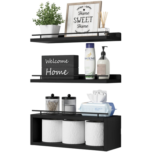 WOPITUES Floating Shelves for Wall with Cube Shelf, Wall Shelves with Metal Rail for Bathroom Decor, Bathroom Organizers and Storage, Over Toilet Bathroom Shelves for Bathroom, Toilet Paper-Black