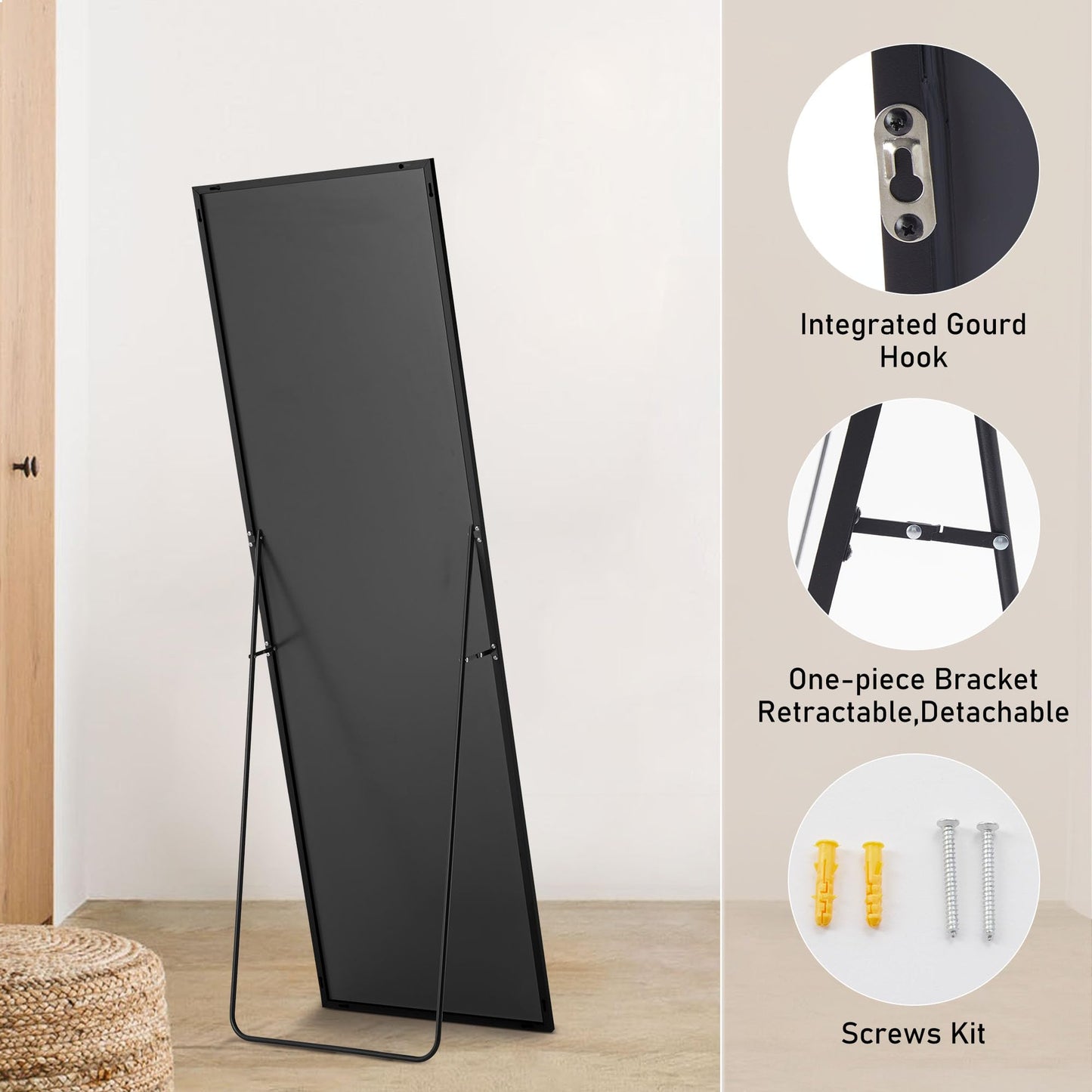 OLIXIS Full Length Mirror with Stand, Full Length Mirror for Bedroom, Cloakroom, Living Room, Aluminum Alloy Thin Frame, 64"x21" Large, Floor Standing Tall, Black