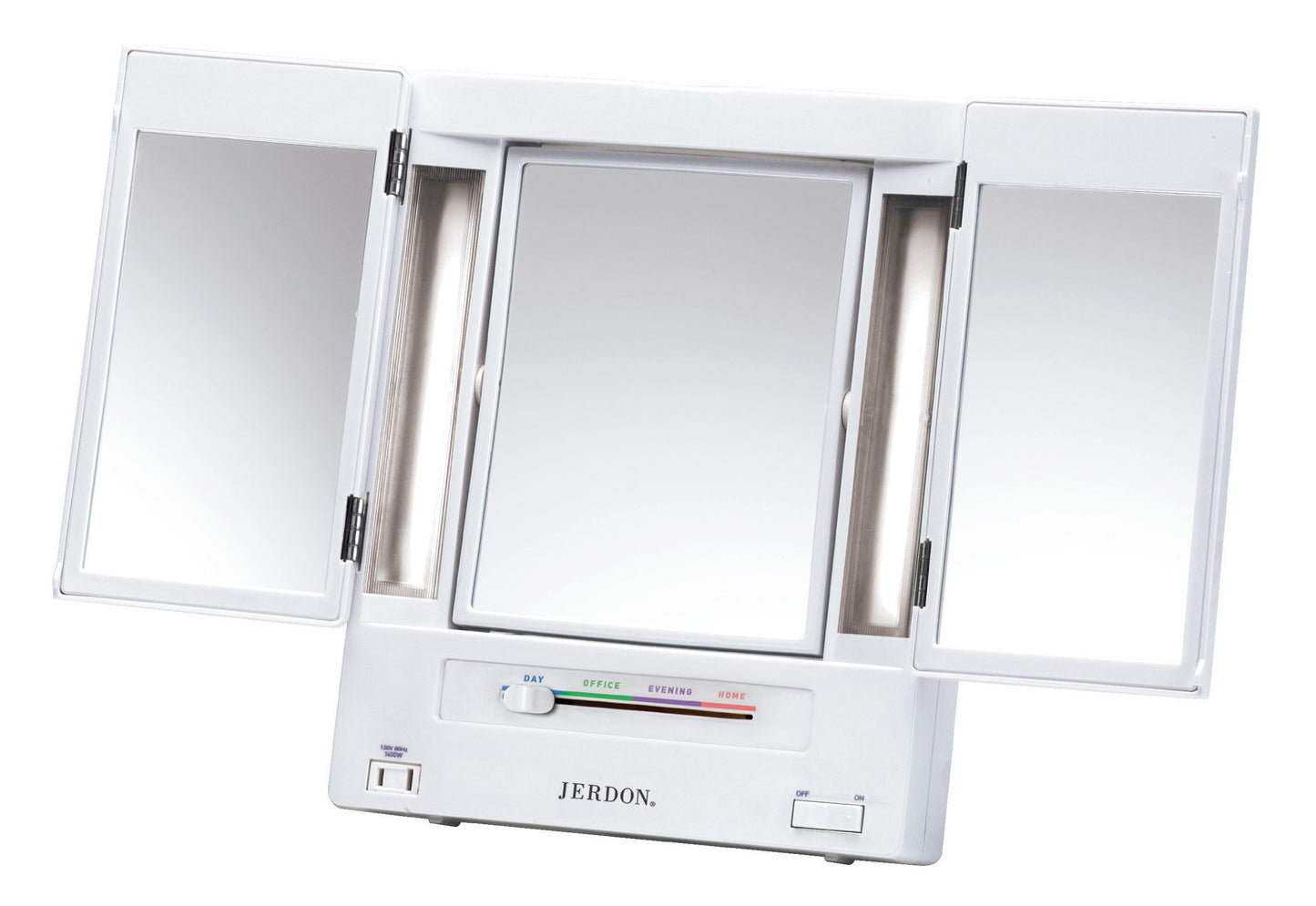 JERDON Tri-Fold Two-Sided Makeup Mirror with Lights - Vanity Mirror with 5X-1X Magnification & Multiple Light Settings - White - Model JGL9W