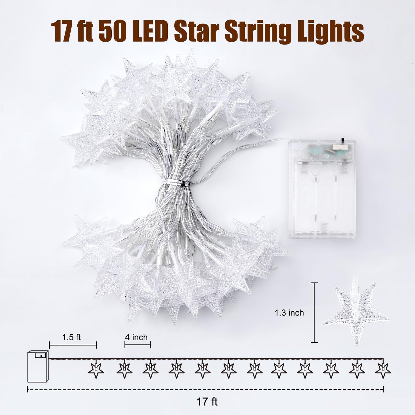 Minetom Star String Lights Battery Operated - 17 ft 50 LED Star Fairy String Lights with Timer, Waterproof for Indoor Bedroom Tent Loft Bed Patio Party Wedding Decor, Warm White