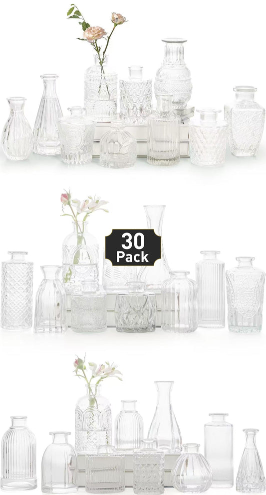 Glass Bud Vase Set of 30 - Small Vases for Flowers, Clear Bud Vases in Bulk, Cute Glass Vases for Centerpieces, Mini Vintage Vase for Rustic Wedding Decorations, Home Table Flower Decor