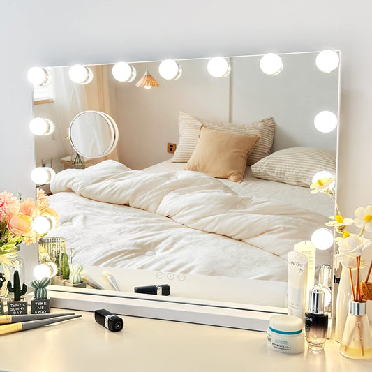 NUSVAN Vanity Mirror with Lights Lighted Makeup Mirror with 15 Dimmable LED Bulbs,3 Color Lighting Modes,USB Charging Port Touch Control,Sturdy Metal Frame Design 24x18 Inch,White