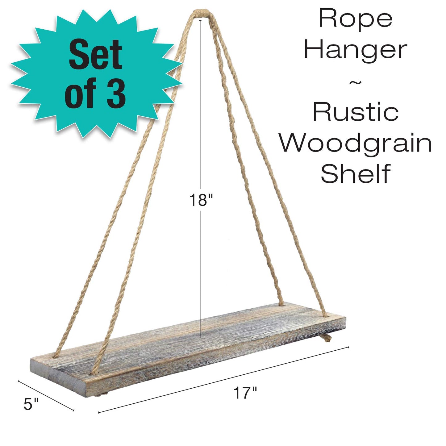 Excello Global Products Rustic Distressed Wood Hanging Shelves: 17-Inch with Swing Rope Floating Shelves (Whitewashed - Pack of 3)