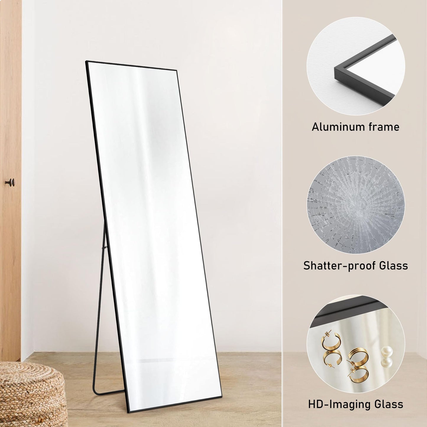 OLIXIS Full Length Mirror with Stand, Full Length Mirror for Bedroom, Cloakroom, Living Room, Aluminum Alloy Thin Frame, 64"x21" Large, Floor Standing Tall, Black