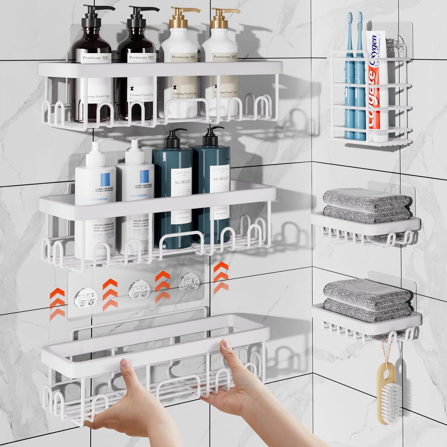 Veken Adhesive Shower Caddy 6-Pack,Heavy Weight Bearing,Large Wall Mounted Shower Shelves Rack,Organizer Storage Accessories with Soap Dish&Toothbrush Holder,Ideal for Bathroom,Home&Kitchen,White