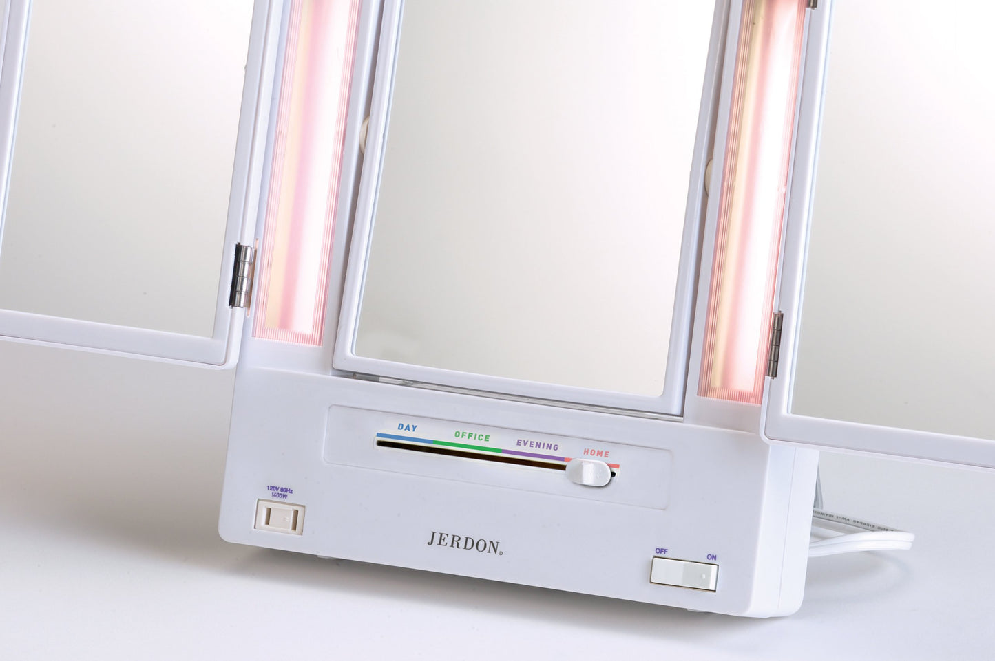 JERDON Tri-Fold Two-Sided Makeup Mirror with Lights - Vanity Mirror with 5X-1X Magnification & Multiple Light Settings - White - Model JGL9W