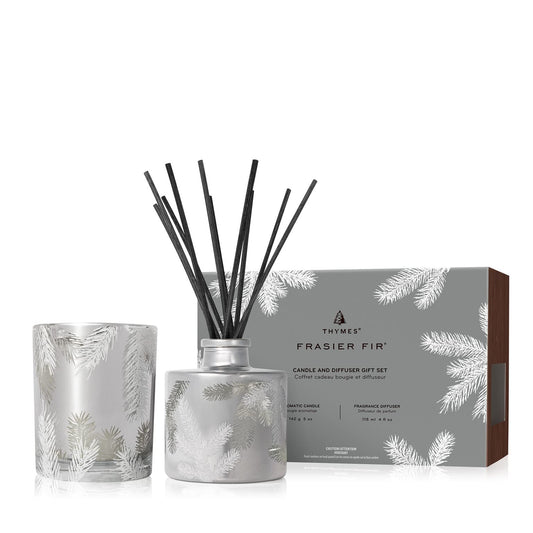 Thymes Frasier Fir Statement Candle and Diffuser Gift Set - Holiday Scented Candle & Diffuser with Notes of Siberian Fir, Cedarwood, and Sandalwood - Silver (4 fl oz Petite Diffuser + 5 oz Candle)