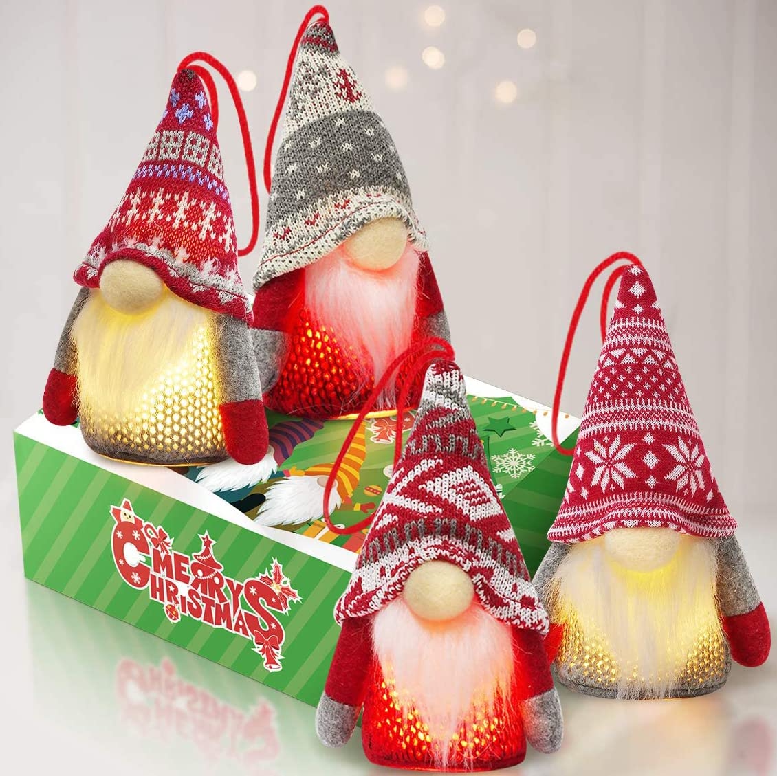 KMUYSL Christmas Gnome Ornaments, 4Pack Christmas Tree Decorations Handmade Swedish Santa Gnomes Ornaments Lights Scandinavian Plush Elf Table Home Decor, Christmas Tree Hanging Decoration