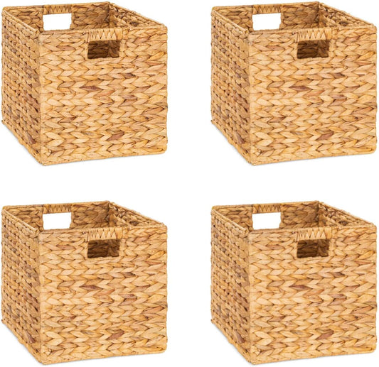 M4DECOR 10.5 x 10.5in Storage Cube, Wicker Storage Baskets for Shelves, Water Hyacinth Storage Baskets, Wicker Storage Basket for Bedroom, Living Room (4 Packs 10.5x10.5in)