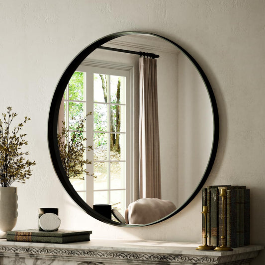 VooBang Round Bathroom Mirror 30 inch, Black Gorgeous Deep Frame Round Wall Mirror, Modern Round Bathroom Vanity Mirror for Bedroom, Living Room, Hanging or Leaning, Black