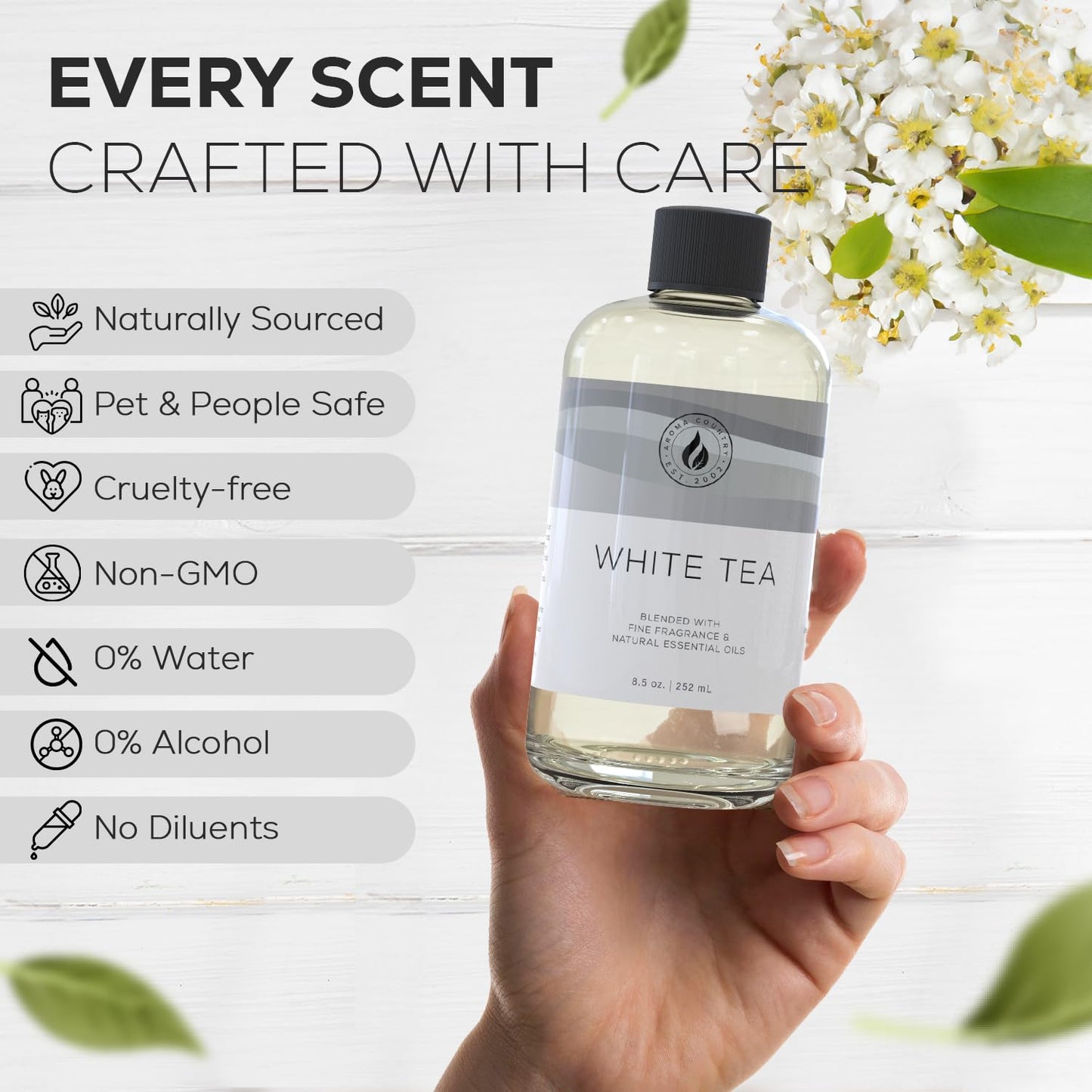 Aroma Country White Tea Diffuser Oil - Luxury Essential Oils for Diffuser Refill & Air Freshener Room Spray, Long-Lasting, Natural Home Fragrance and Hotel Scent for Diffusers & Machines - 8.5 Fl. oz