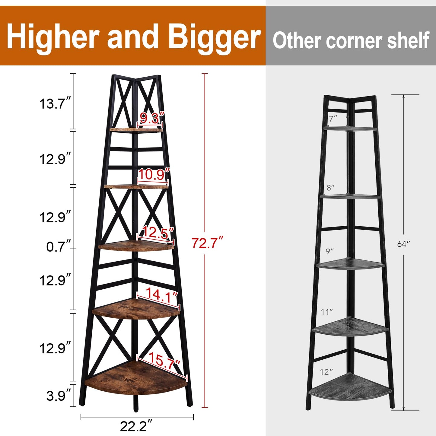HOMBAZAAR Corner Shelf,72 Inch Industrial Corner Bookshelf,5 Tier Tall Corner Ladder Shelf with Metal Frames,Rustic Corner Shelf Stand for Living Room, Bedroom, Kitchen, Office, Rustic Brown