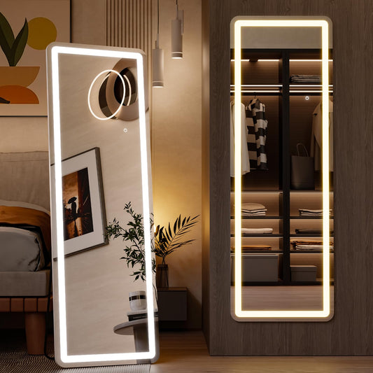 Sweetcrispy Full Length Mirror with LED Lights, 60"x16"Floor Mirror with Dimming & 3 Color Lighting, Led Mirror Full Length with Stand for Bedroom, Dressing Room, Rectangle