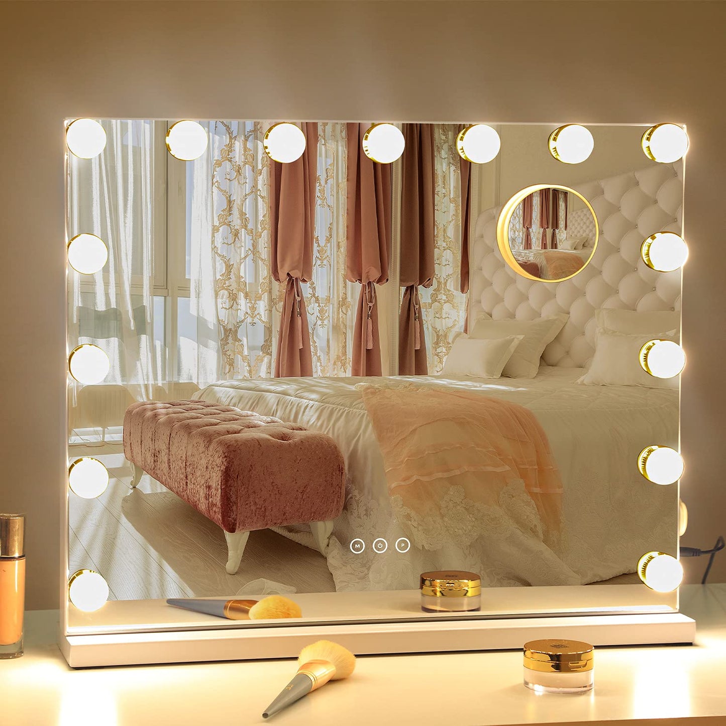 NUSVAN Vanity Mirror with Lights Lighted Makeup Mirror with 15 Dimmable LED Bulbs,3 Color Lighting Modes,USB Charging Port Touch Control,Sturdy Metal Frame Design 24x18 Inch,White