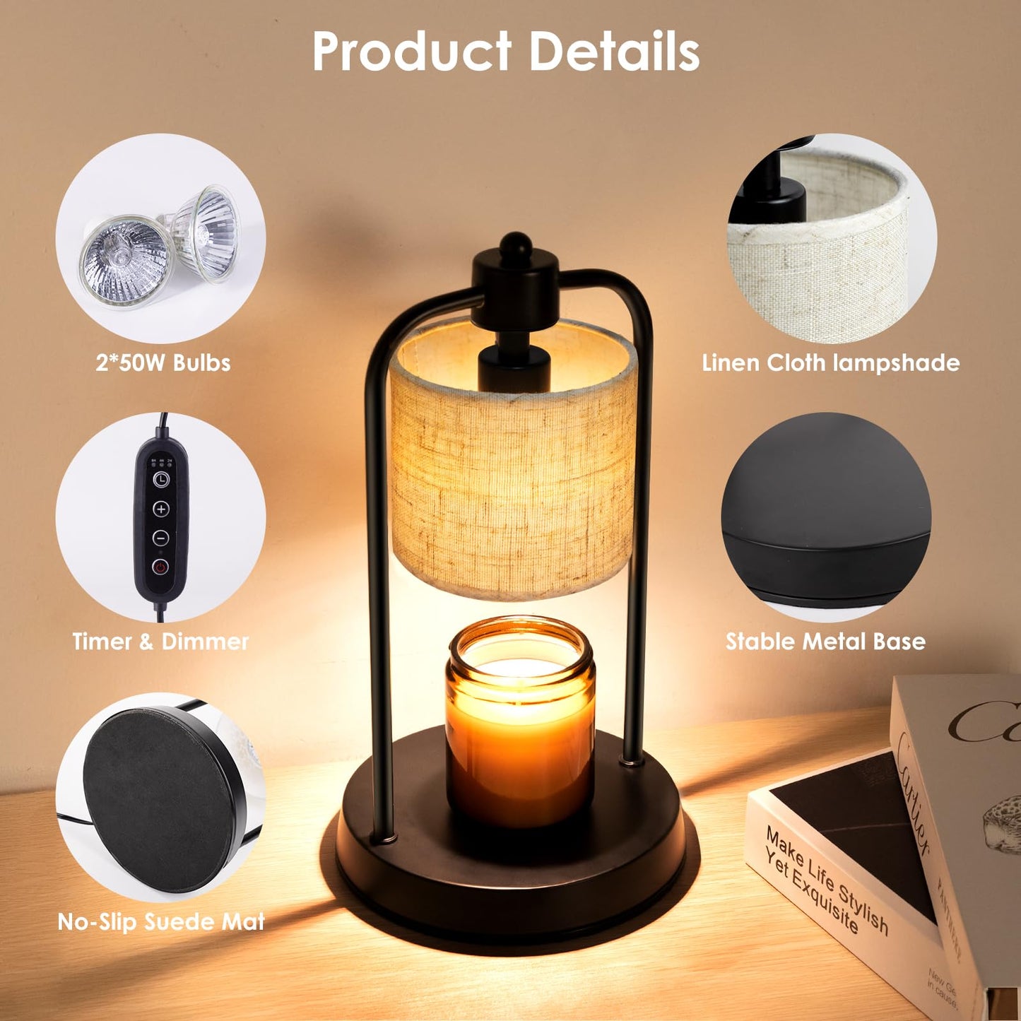 FullyCare Candle Warmer Lamp Electric with Timer: Wax Melts Warmer - Dimmable Candle Wax Warmer Electric Candle Warmer with Replacement Bulbs, Bedroom Home Decor Compatible with Various Candles-Linen