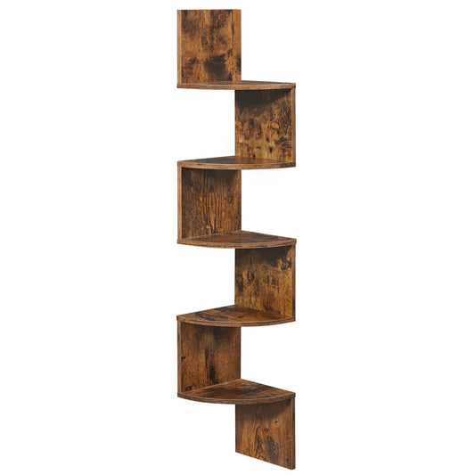 VASAGLE Corner Shelf Wall Mount, 5-Tier Floating Corner Bookshelf, Plant Shelf for Bedroom, Living Room, Bathroom, Home Office, Rustic Brown ULBC72BX