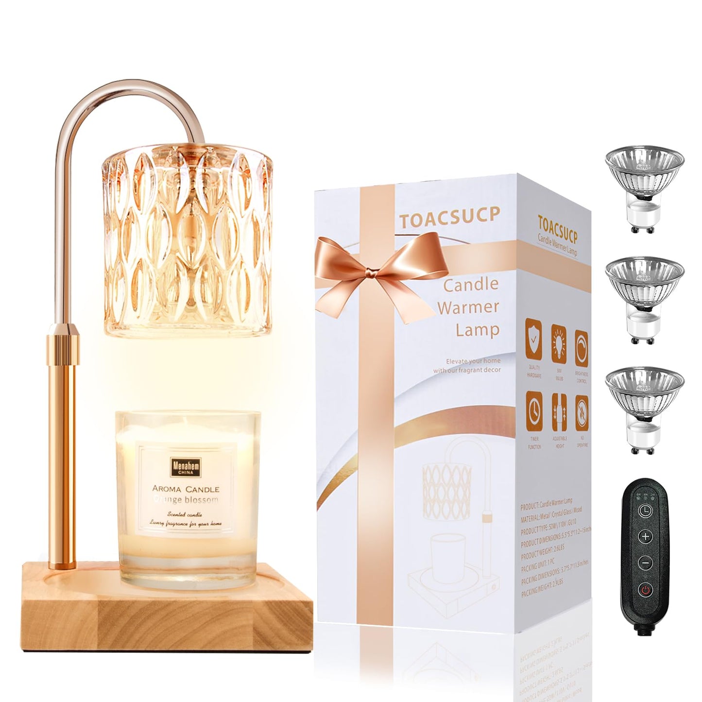 TOACSUCP Candle Warmer Lamp with 3 Bulbs, Adjustable Height Dimmable Candle Warmer with Timer, Compatible with Large Jar Candles, Candle Lamp with Charming Gift Box Ribbon for Her/Him(Natural Wood)