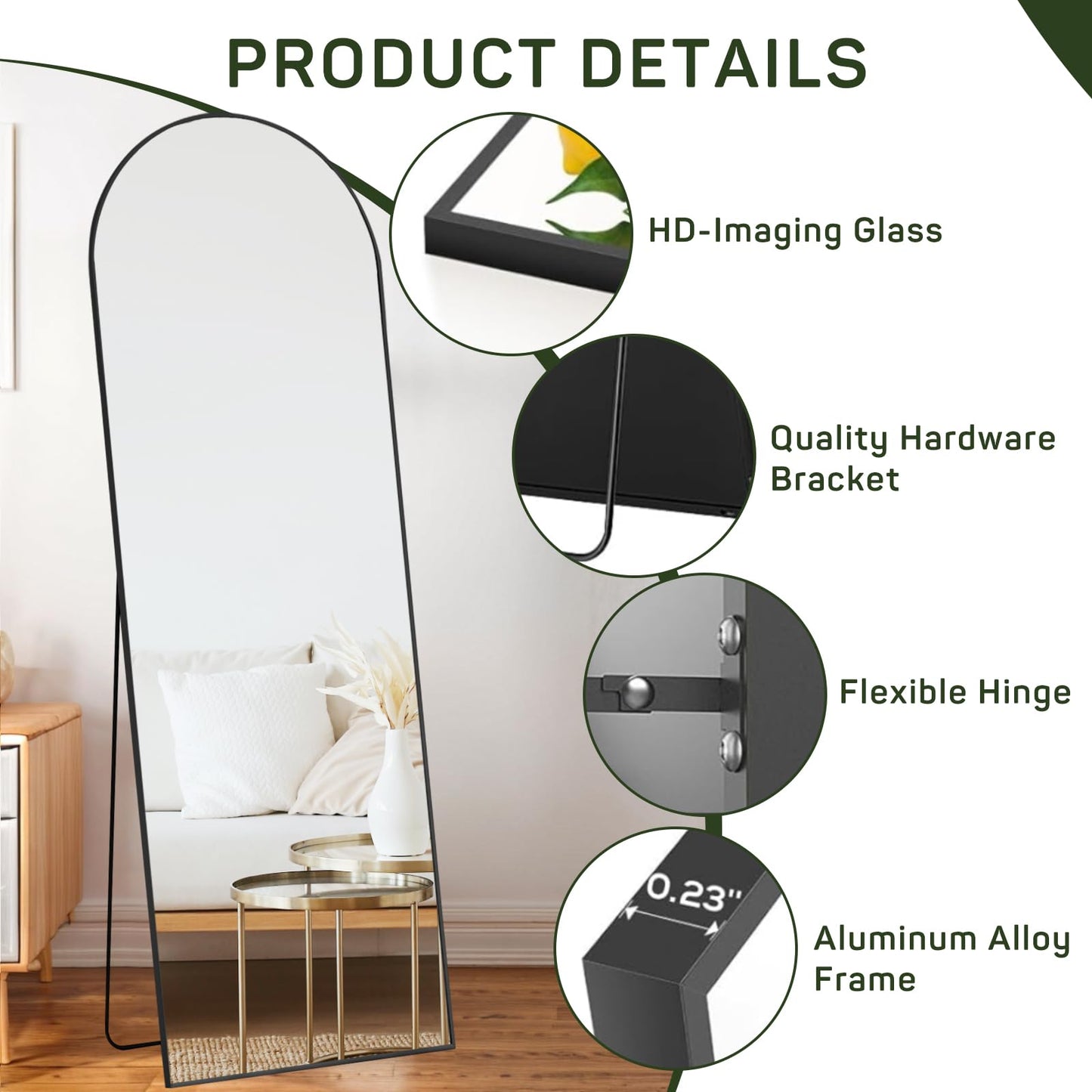 Arched Mirror Full Length, 16"x59" Body Wall Mirrors with Shatter-Proof Glass, Floor Standing, Hanging or Leaning, Tall Arch Mirror with Stand Aluminum Alloy Frame for Bedroom Cloakroom