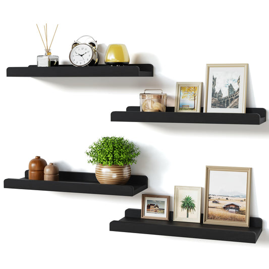 Love-KANKEI Black Floating Shelves for Wall Set of 4, Wood Wall Shelves with Lip,15.6 Inch Rustic Hanging Shelves for Bedroom Bathroom Living Room Kitchen Nursery Display