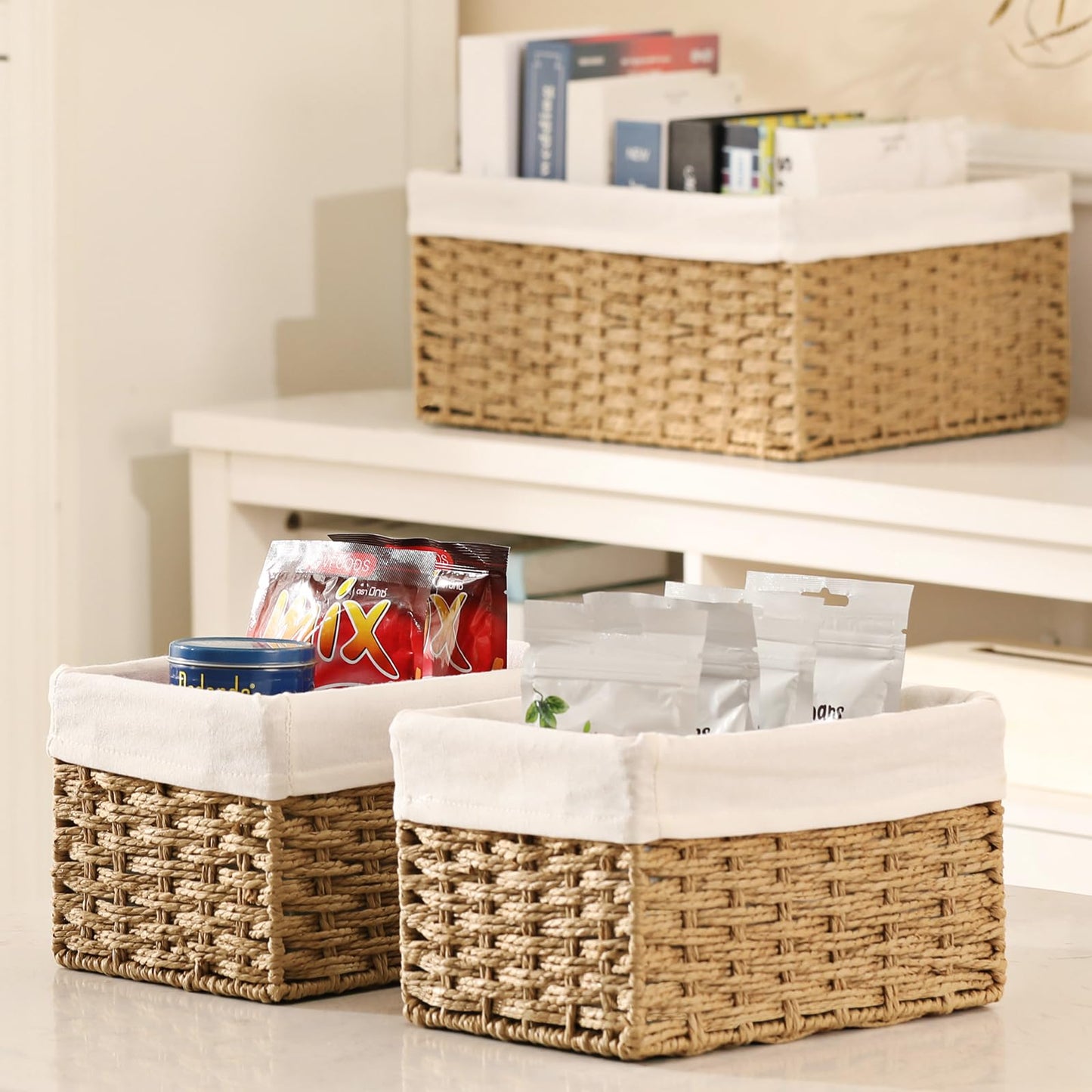 Vagusicc Wicker Storage Basket, 3-Pack Woven Paper Rope Wicker Baskets with Handles, Large Wicker Basket Cube Storage Bins with Liners, Storage Baskets for Organizing Shelves & Decor, Natural