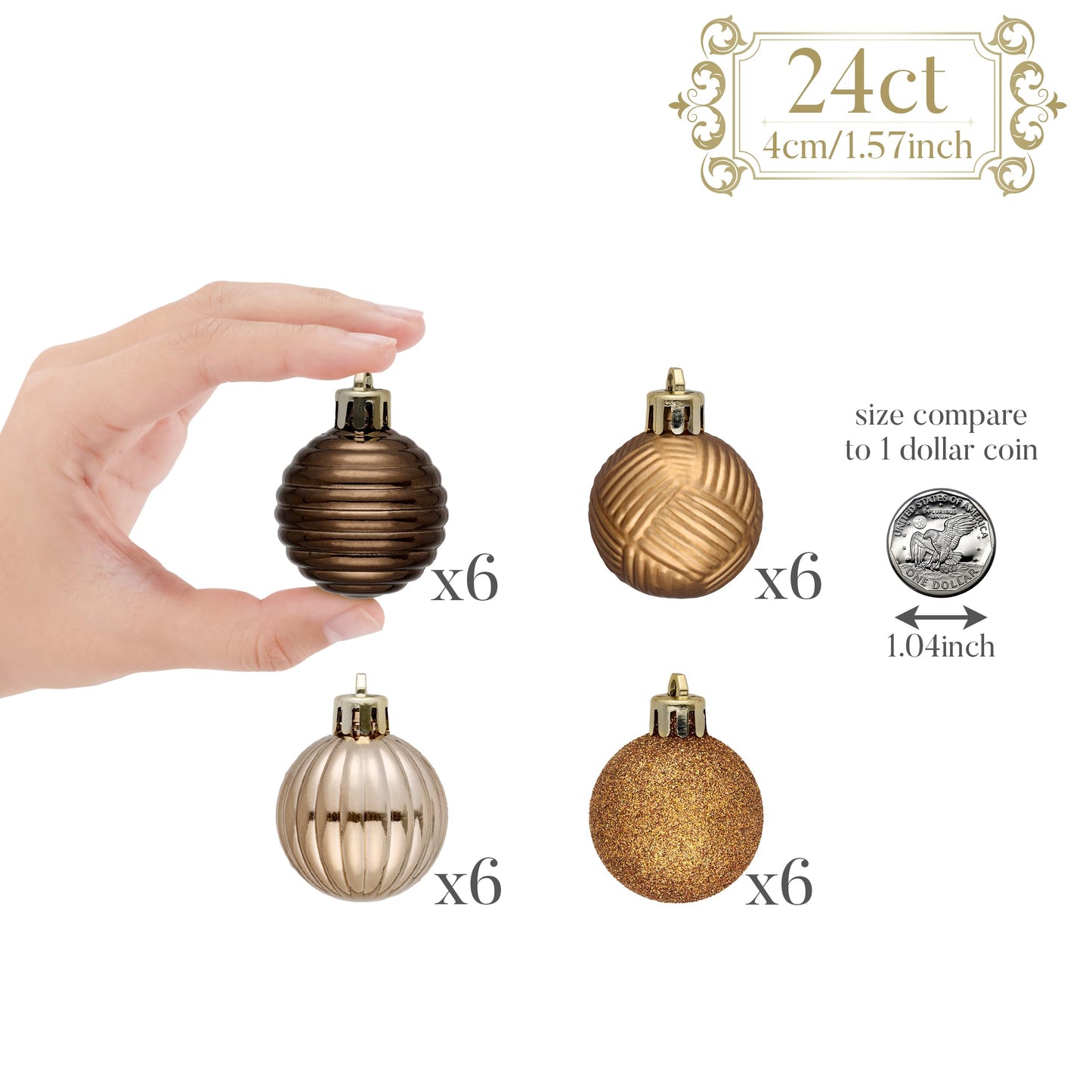 Valery Madelyn 1.6" Small Christmas Ornaments Tree Decorations Set, 24ct Bronze Copper Gold Shatterproof Christmas Ball Hanging Ornament Bulk for Xmas New Year Valentines Day Holiday Party Decor