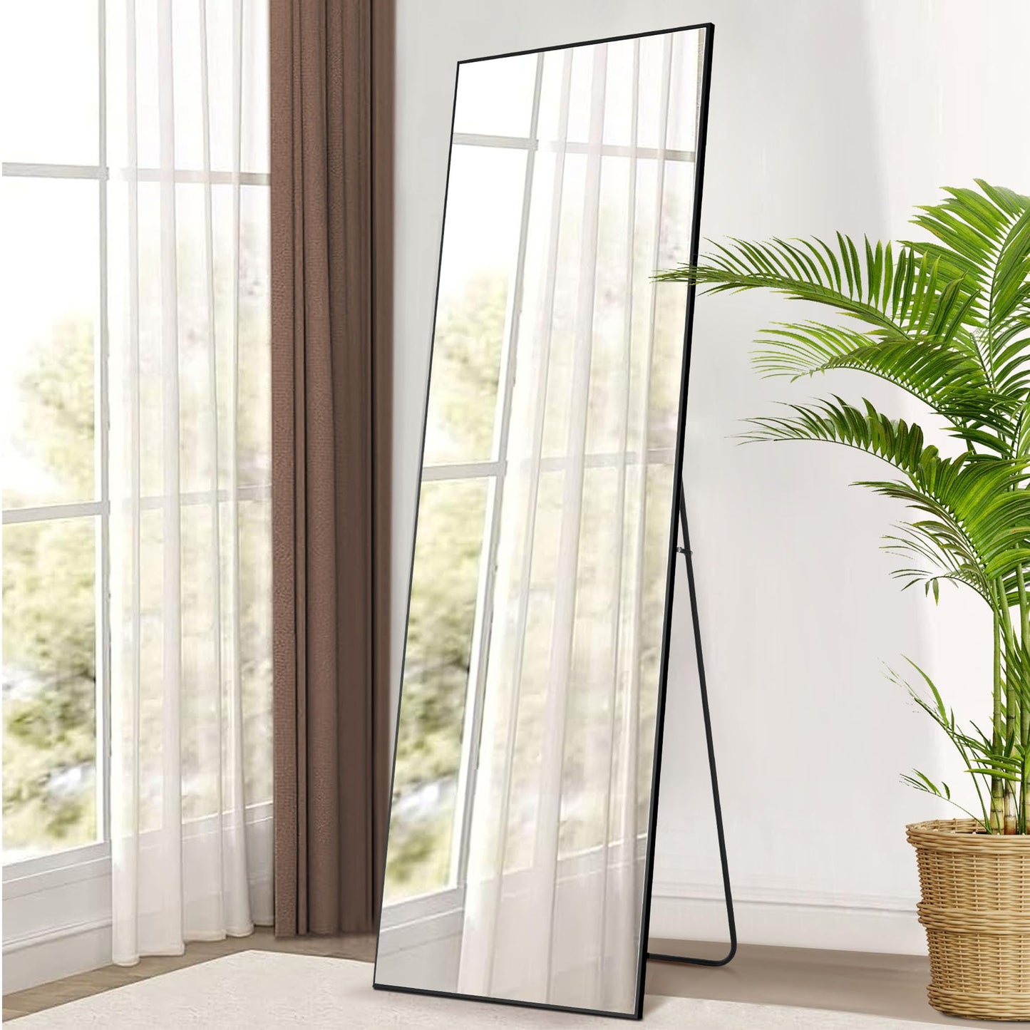 OLIXIS Full Length Mirror with Stand, Full Length Mirror for Bedroom, Cloakroom, Living Room, Aluminum Alloy Thin Frame, 64"x21" Large, Floor Standing Tall, Black