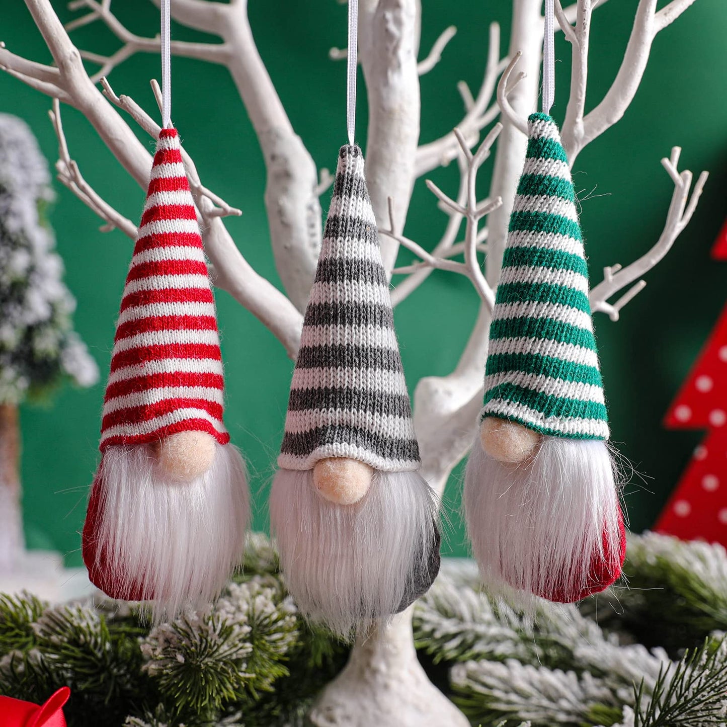 Christmas Gnomes Tree Ornaments, 12 Pieces Handmade Swedish Plush Santa Elf Gnome Christmas Decorations