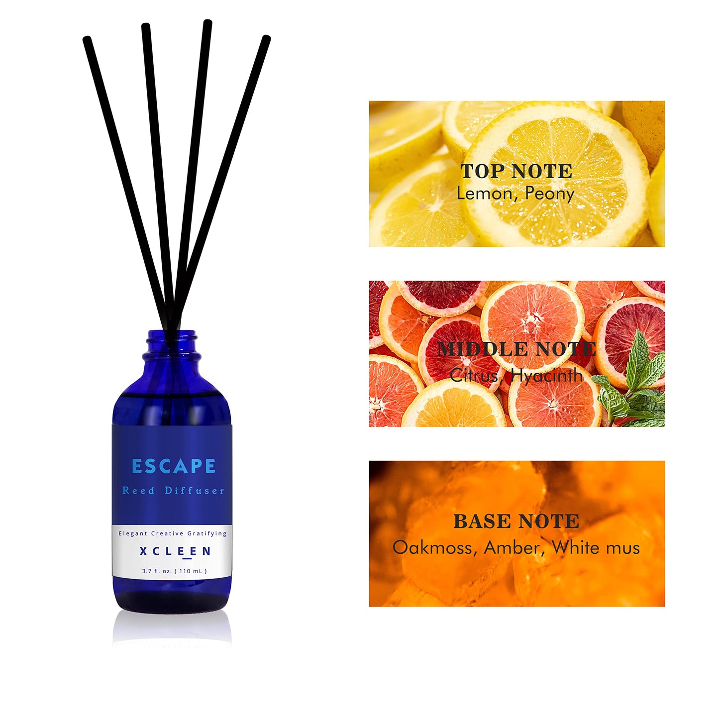 Xcleen Reed Diffusers Set, 3.7 Oz Scent Diffuser, 6 Reed Diffuser Sticks, Home Fragrance Hyacinth, Peony & Citrus, Aromatherapy Oil Diffuser Reeds, More Masculine Scent, Bathroom & Office Decor 110ml