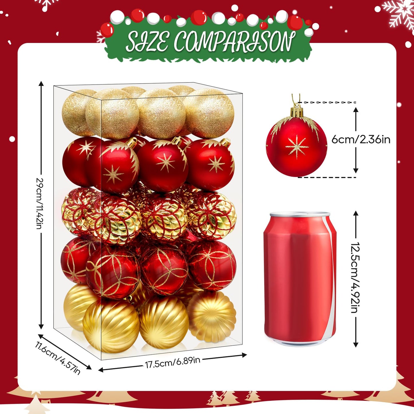 DeckTheHalls Christmas Balls Ornaments, 30 Pcs 2.5 Inch Christmas Tree Decorations for Xmas Tree Hanging, Shatterproof Christmas Ball Ornaments for Festival Home Party Decors, (Red & Gold)