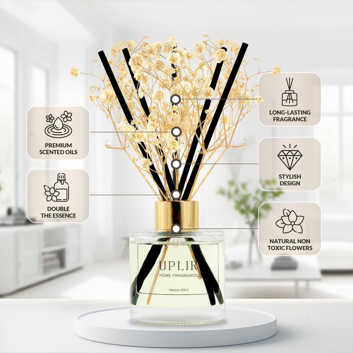 UPLIR Flower Reed Diffusers for Home with X2 Jasmine & White Tea Essential Oil, 3.4 oz (100ml) - Elegant Diffuser Set with Sticks for Home Decor, Bathroom, Any Room, Perfect Housewarming Gift