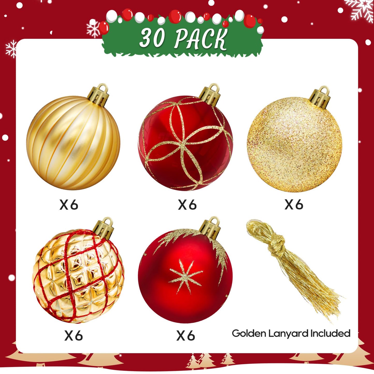 DeckTheHalls Christmas Balls Ornaments, 30 Pcs 2.5 Inch Christmas Tree Decorations for Xmas Tree Hanging, Shatterproof Christmas Ball Ornaments for Festival Home Party Decors, (Red & Gold)