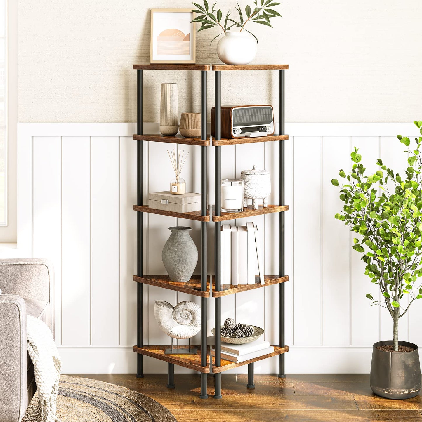 HOOBRO Corner Shelf Stand, Industrial 5-Tier Corner Bookshelf with Metal Frame, Plant Corner Display Shelf, Corner Bookcase for Small Spaces, Bedroom, Living Room, Rustic Brown BF33CJ01